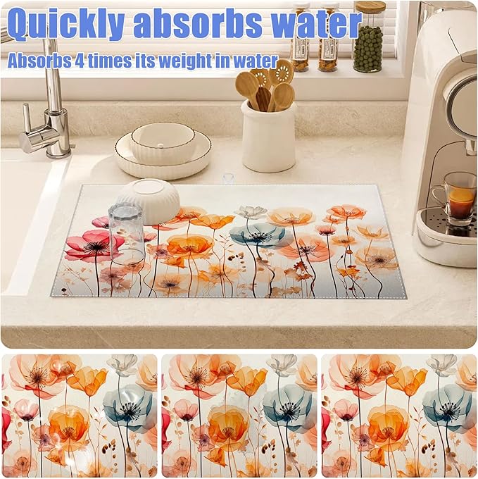 Poppy Dish Drying Mat for Kitchen Counter Wild Flower Drying Pad Absorbent Reversible Dish Drainer Rack Mats Draining Pad 18"x24"Inch