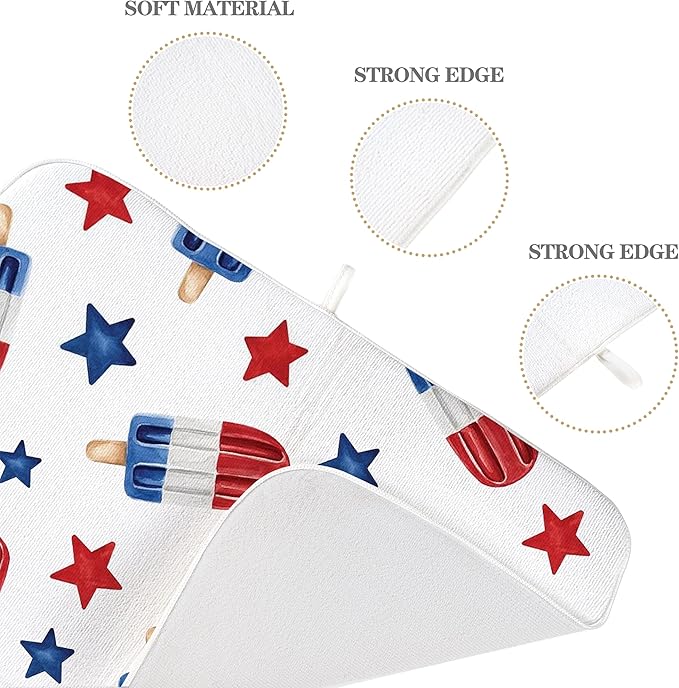 4th of July Dish Drying Mats 18x24 Inch American Red Blue Stars Decor Patriotic Decorative Drying Mats Summer Outdoor Independence Day Memorial Day Decor Coffee Bar Mat for Kitchen Dining Room