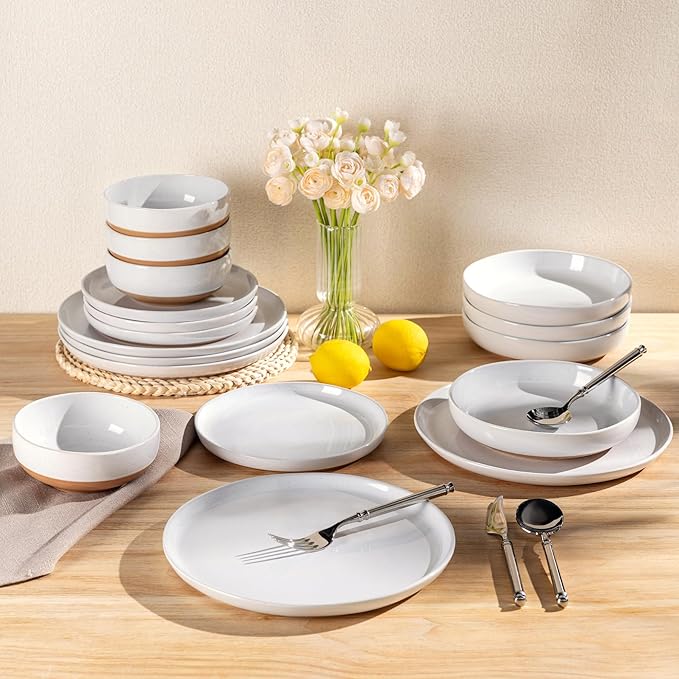 AmorArc Ceramic Dinnerware Sets for 6, 18 Pieces Handpainted Plates and Bowls Set with Rustic Terracotta Underside, Scratch Resistant Stoneware Dishes Set, Dishwasher & Microwave Safe, White