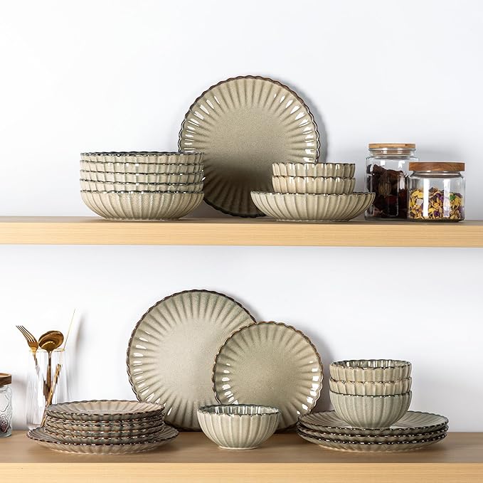 GBHOME Stoneware Dinnerware Sets for 4,Handcrafted Embossed Design Reactive Glaze Ceramic Plates and Bowls, Dishwasher and Microwave Safe, Service for 4(12pcs)