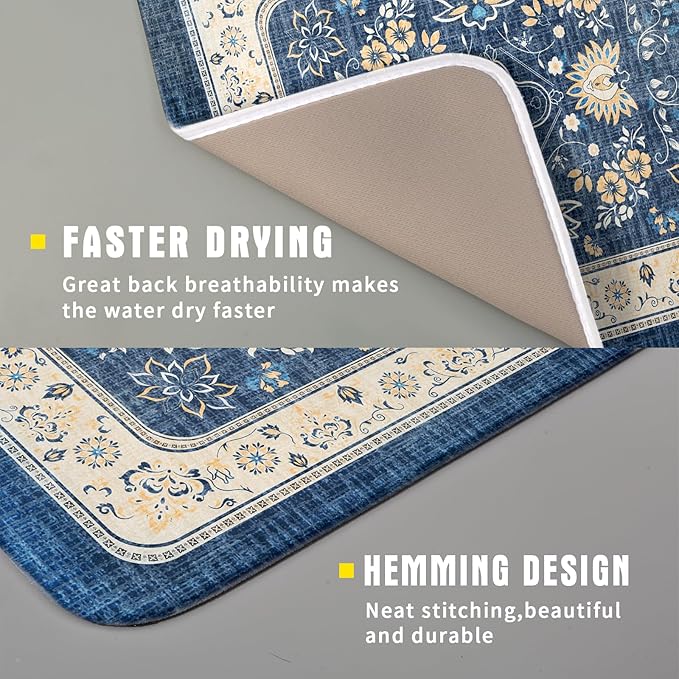 Blue Boho Dish Drying Mat for Kitchen Counter 16x18 Inch Fast Dry Drying Pad Vintage Floral Dish Drainer Rack Mats Coffee Bar Accessories