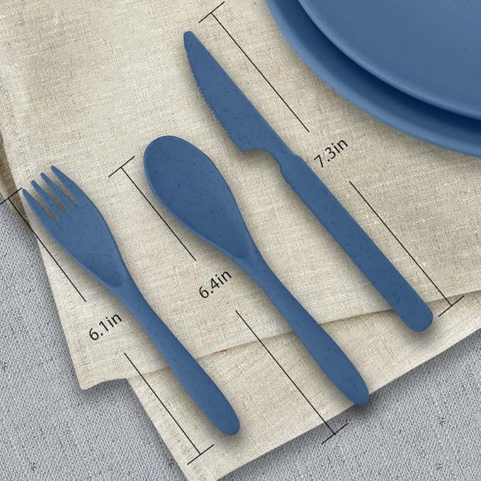 Wrova 64-Piece Service for 8 Dinnerware Set - Unbreakable Wheat Straw Dinnerware sets of 64 - Dinner plates/Snack plates/Cereal bowls/Drinking Cups/Cutlery for Outdoor camping and indoors.Blue