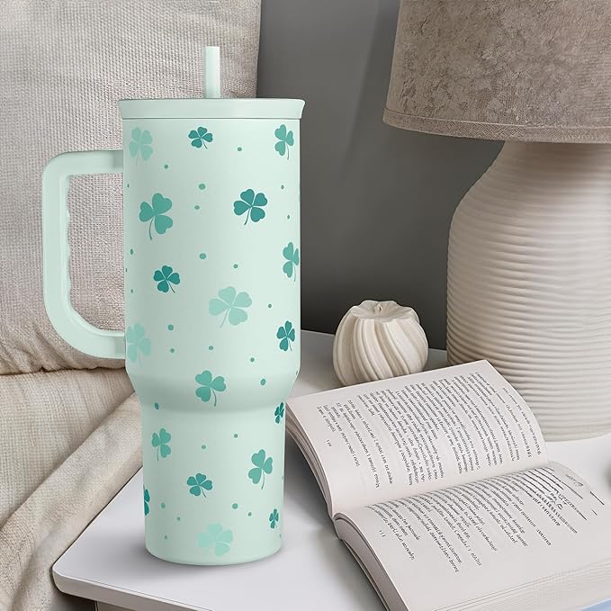 40oz Shamrock Tumbler with Handle and Straw - Insulated Stainless Steel Coffee Travel Mug, Christmas St. Patrick's Day Irish Gifts