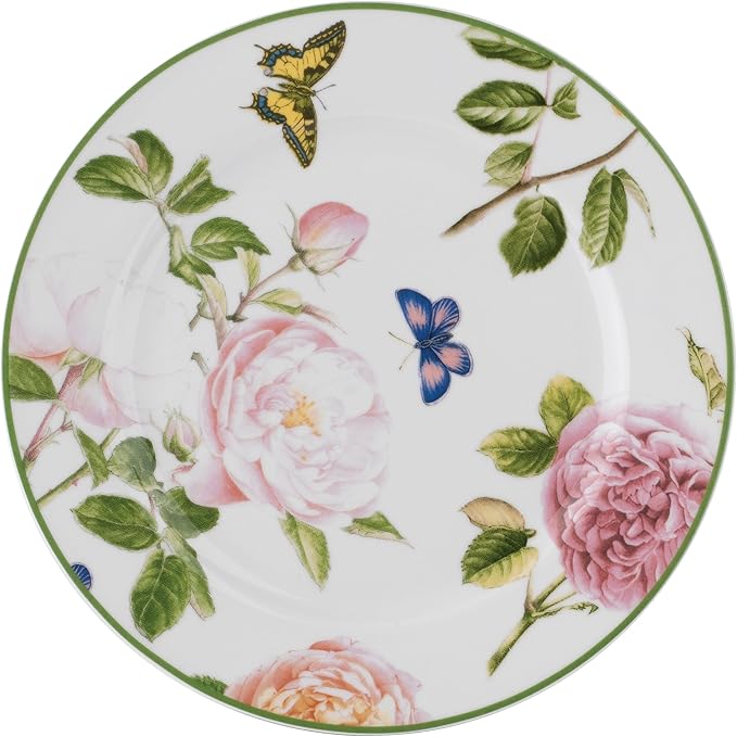 Portmeirion Home Roses 16 Piece Set - Delicate Pink Rose & Butterfly Pattern, Dishwasher Safe Porcelain Dinnerware for Garden Parties, Bridal Showers, Tea Time & Family Gatherings - 10.5" Plates