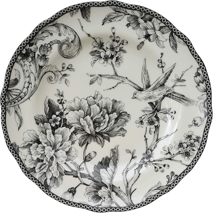222 Fifth Adelaide 16-Piece Black Porcelain Dinnerware Set – Service for 4, Featuring Hand-Applied Romantic Woodland Bird Design, for Everyday Dining & Entertainment, Microwave & Dishwasher Safe