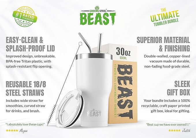 BEAST Insulated Coffee Mug – 900 ml I Arctic White I Stainless Steel I Reusable, Insulated Cups I 2 Straws and Cleaning Brush, Double Walled Travel Coffee Thermos I Hot or Iced Coffee