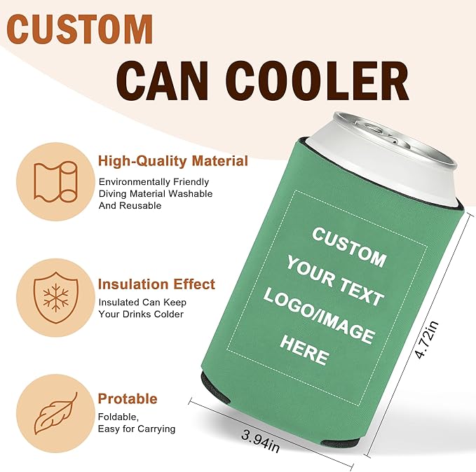 20-1000 Packs Custom Can Coozies Bulk, Personalized Coolers Sleeves with Photo Text Logo, Foldable Portable Gifts for Weddings, Birthdays, Bachelor Party (Regular – 12 OZ)