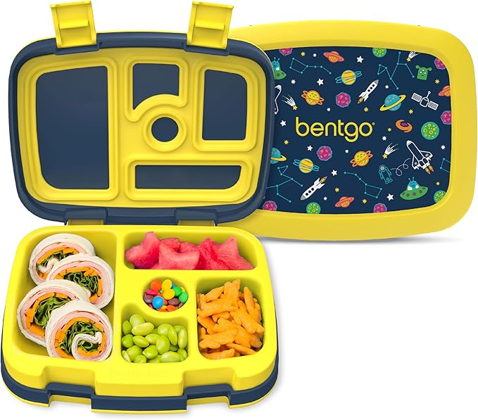 Bentgo Kids Prints Leak-Proof, 5-Compartment Bento-Style Kids Lunch Box - Ideal Portion Sizes for Ages 3-7, Durable, Drop-Proof, Dishwasher Safe, & PFAS & BPA-Free Materials (Space)