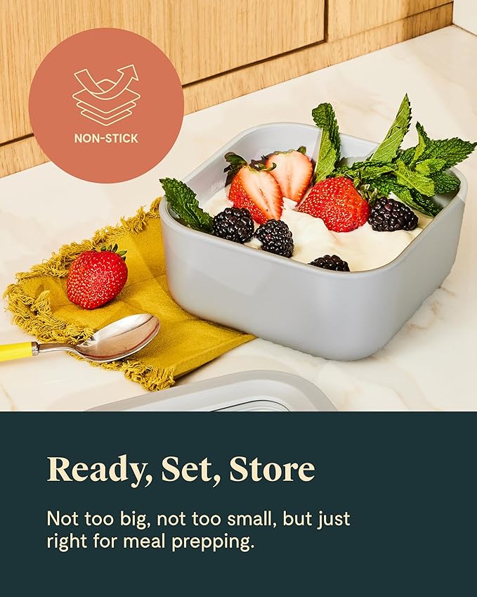 Caraway 2pc Glass Food Storage Set - 4.4 Cup Food Containers (2) - Ceramic Coated - Non Toxic, Non Stick Lunch with Lids - Dishwasher, Oven, & Microwave Safe - Cream