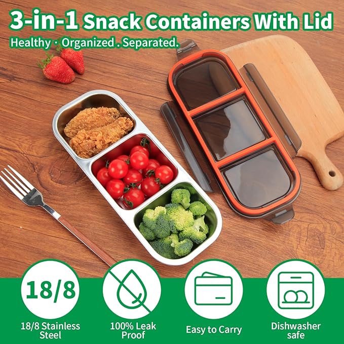 Stainless Steel Snack Containers, 3-Compartment Metal Snackle Box for Kids & Adults, Grey Reusable Condiment Box with Lids, Divided Food Storage Container for School, Work, Home & Travel