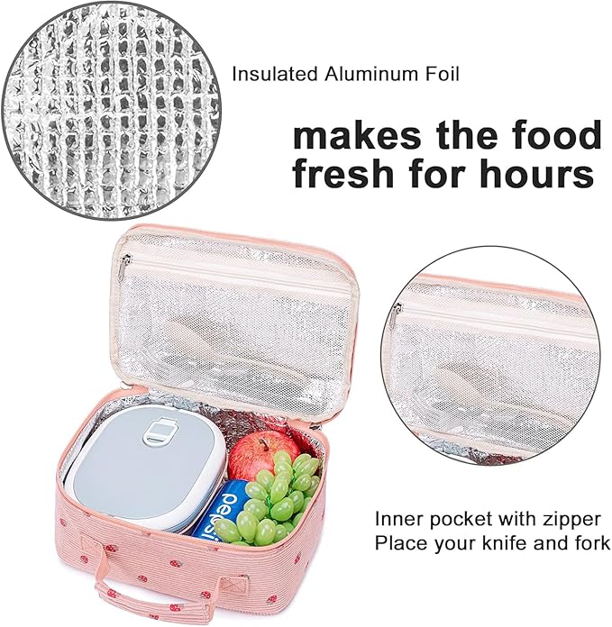 Bluboon Kids Girls Corduroy Pink Strawberry Lunch Box for School