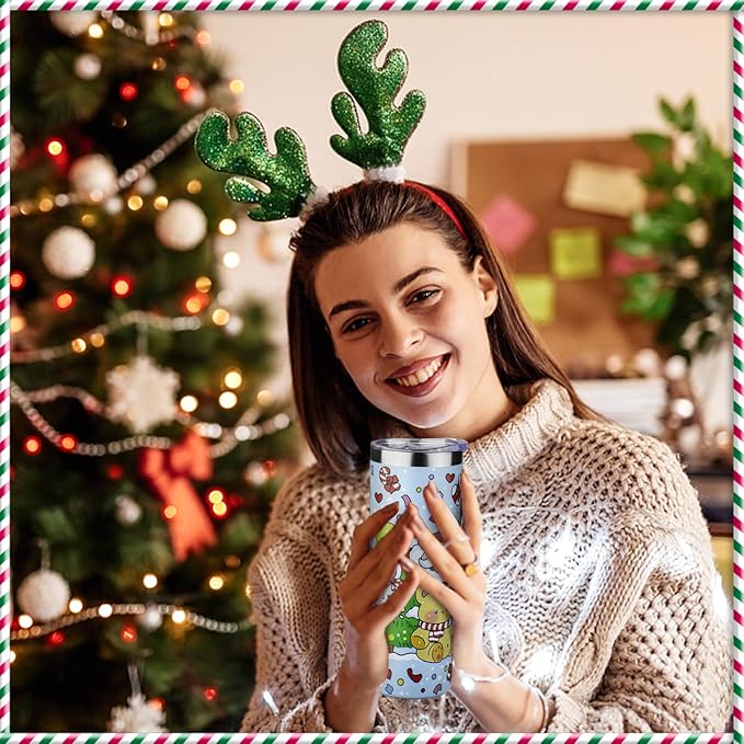 20oz Christmas Skinny Tumbler with Lid and Straw,Stainless Steel Vacuum Insulated Tumbler Cup Double Wall Travel Coffee Mug Christmas Gifts for Women Men (Santa Claus Bear,1)