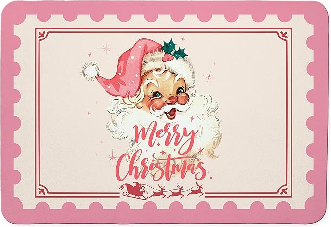 Pink Santa Christmas Dish Drying Mat, Preppy Merry Christmas Coffee Bar Mat for Countertops, Xmas Santa Reindeer Absorbent Dish Drying Mats for Kitchen Counter Coffee Maker, 16x24 Inch
