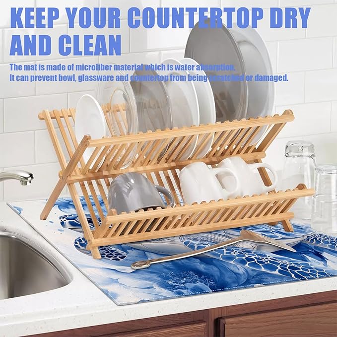 Watercolor Turtle Floral Dish Drying Mat for Kitchen Counter Drying Pad Absorbent Reversible Dish Drainer Rack Mats Draining Pad 18"x24"Inch