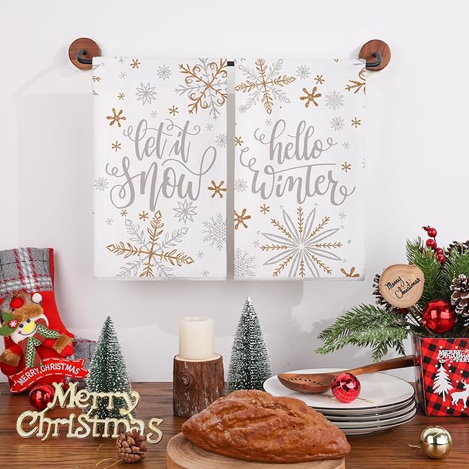 Siilues Christmas Kitchen Towels Set of 2, 18x26 Inch Merry Christmas Dish Towels Hello Winter Christmas Decor Seasonal Winter Christmas Decorations for Home Drying Dishcloth