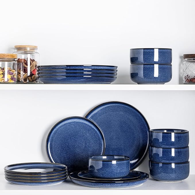 TheTerra Ceramic Dinnerware Sets for 4, 12 Pieces Handmade Reactive Glaze Plates and Bowls Set, Scratch Resistant Dish Set, Oven & Microwave & Dishwasher Safe, Blue