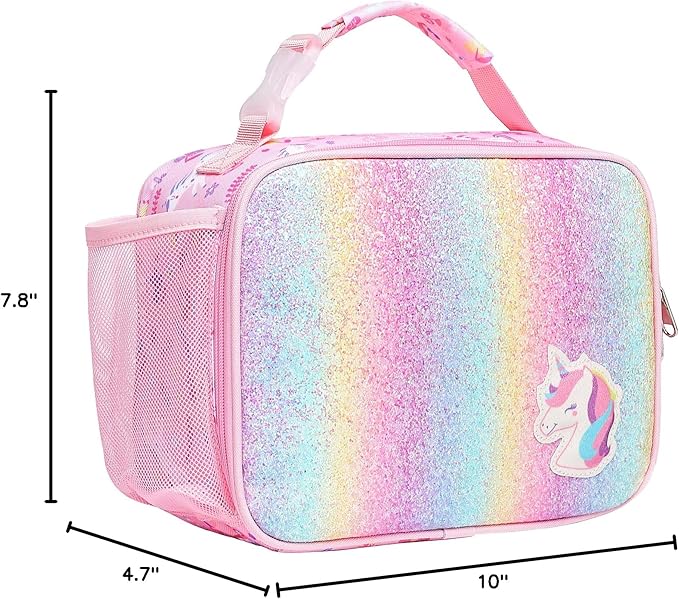 Bagseri Lunch Bag for Girls - Kids Lunch Box for Girls Reusable Leak-Proof and Insulated Kids Lunch Bag With Water Bottle Holder Toddler Lunch Box for Daycare and School, Glitter Pink Unicorn