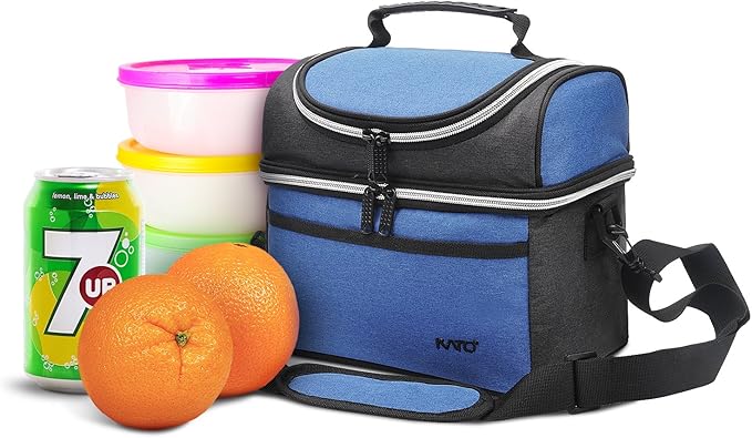 Tirrinia Reusable Lunch Box for Men Women, Insulated Lunch Bag Adult Work, Double Decker Leakproof Lunchbox for Office Picnic Beach—Dual Compartment Lunch Cooler Bag,Blue