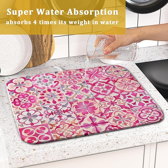 Pink Mexican Tiles Dish Drying Mat Absorbent Microfiber Dish Drying Pad for Kitchen Multi-use Large