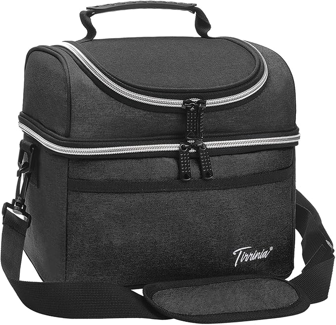 Tirrinia Reusable Lunch Box for Men Women, Insulated Lunch Bag Adult Work, Double Decker Leakproof Lunchbox for Office Picnic Beach—Dual Compartment Lunch Cooler Bag,Black