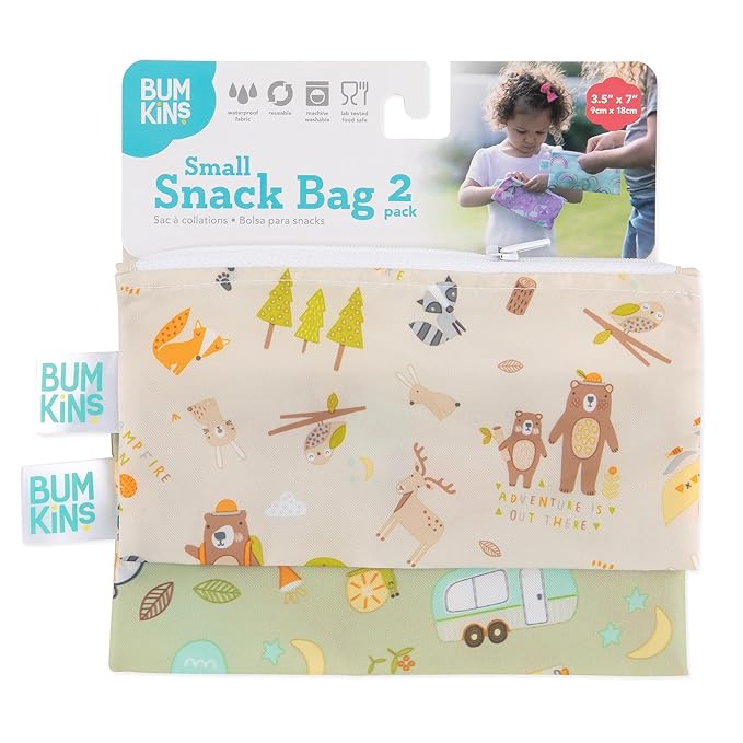 Bumkins Reusable Snack Bags, for Kids School Lunch and for Adults Portion, Washable Fabric, Waterproof Cloth Zip Bag, Supplies Travel Pouch, Food-Safe, 2-pk Camp Friends and Gear
