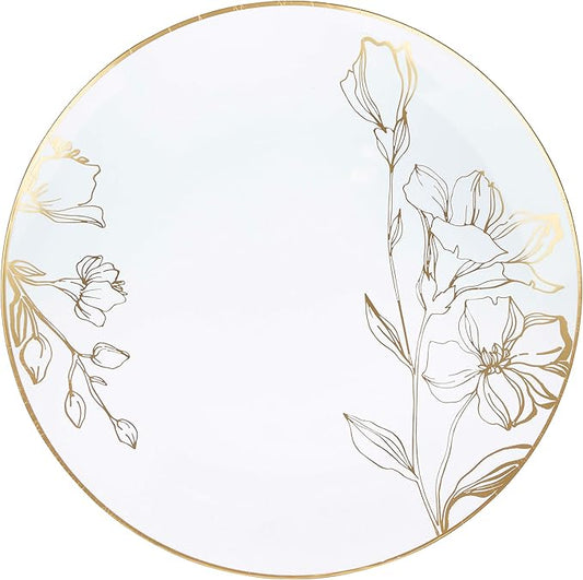 [10'' Plates 10 Count] White Plastic Floral Design Party Dinner Plates With Gold Rim Premium heavyweight Elegant Disposable Tableware Dishes