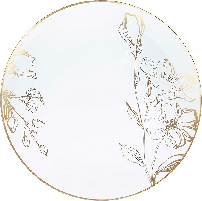 [10'' Plates 40 Count] White Plastic Floral Design Party Dinner Plates With Gold Rim Premium heavyweight Elegant Disposable Tableware Dishes