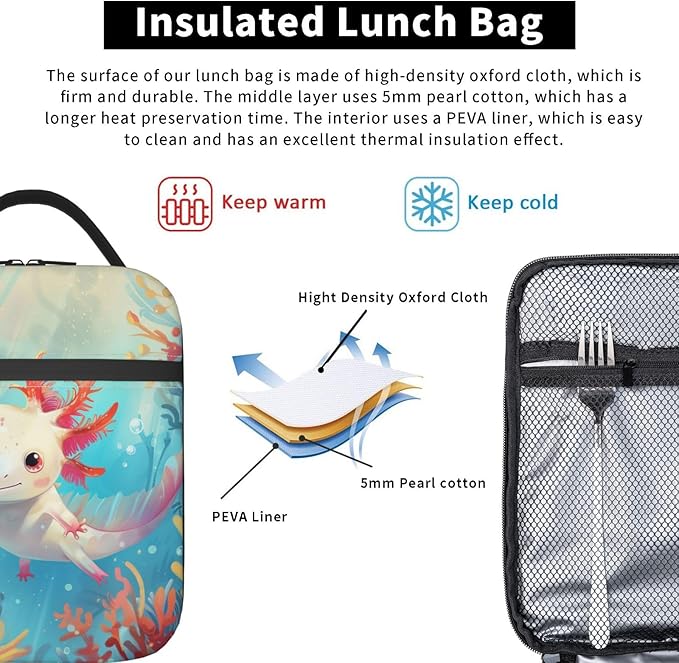 Axolotl Lunch Box for Women Men, Insulated Lunch Box Reusable Portable Lunch Bag Cooler Tote Waterproof Lunch Container for Office Picnic Work Travel