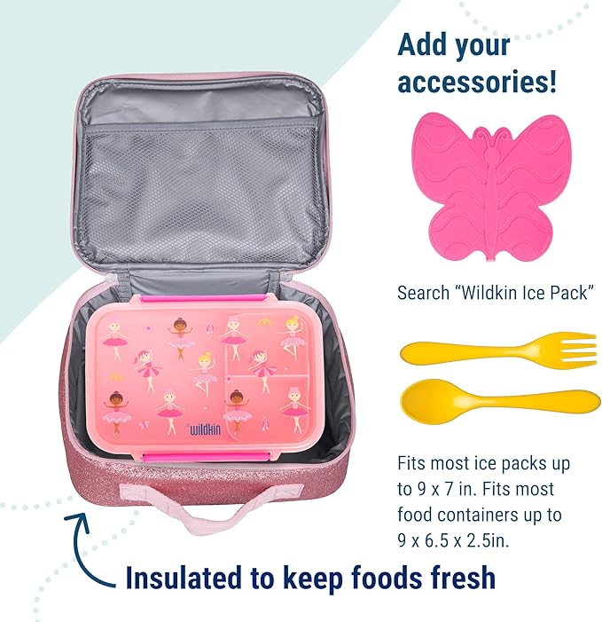 Wildkin Kids Insulated Lunch Box – Durable and Reusable for School & Travel - Pink Glitter