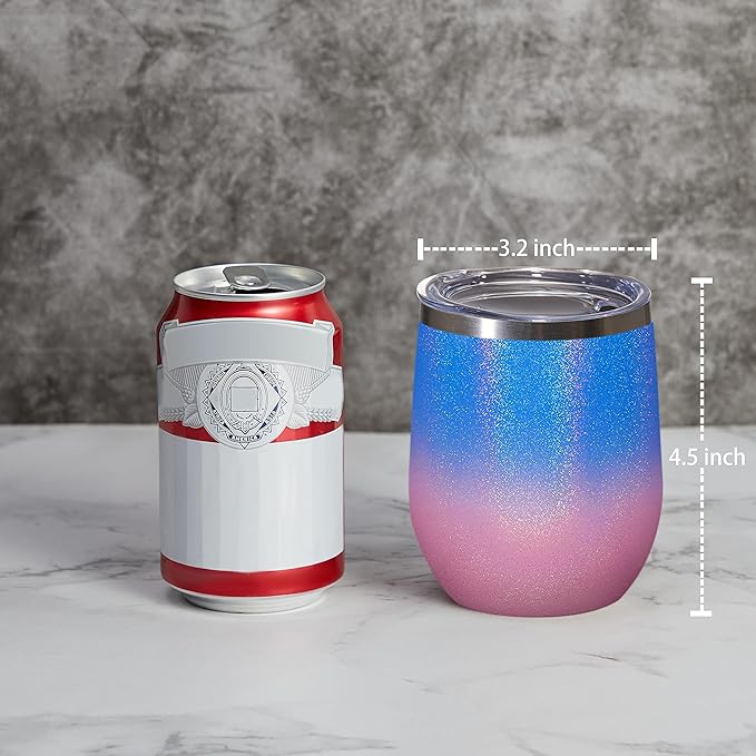 MEWAY 12oz/4 Pack Wine Tumbler Glasses with Lid - Stemless Double Wall Vacuum Stainless Steel Glitter Tumbler - Keeping Cold & Hot Cup for Coffee,for Women(Gradient Pink,Set of 4)
