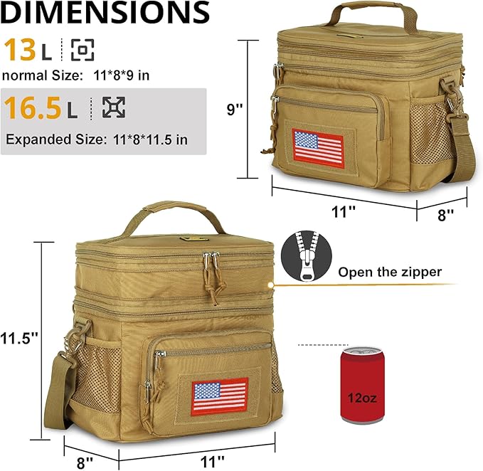 ATRIPACK Lunch Bag for Men, Double Deck Tactical Lunch Box Work with Shoulder Strap MOLLE Webbing Large Lunch Cooler Leakproof Insulated （Brown）