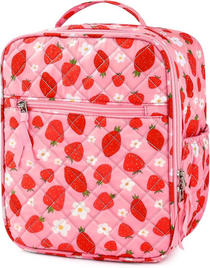 Aileam Lunch Box for Women Cute Strawberry Lunch Bag Quilted Reusable Insulated Lunch Box Aesthetic Lunch Tote Bags Floral Cotton Lunch Case for Travel Work Picnic (Pink Strawberry Flower)