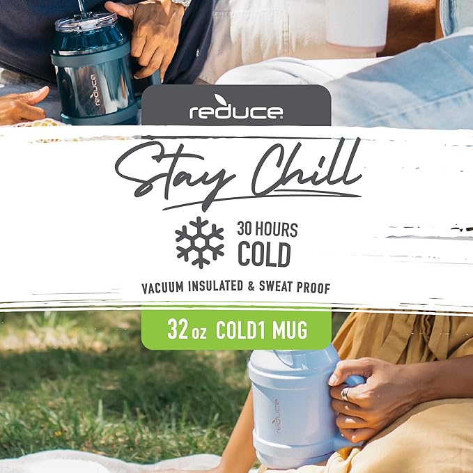 REDUCE Reusable 32 oz Cold1 Water Tumbler – Ergonomic Handle – Double-Wall Insulation – Sturdy Desktop/Tabletop Mug with Lid and Straw – BPA-Free – Stainless Steel for Gym, Home, or Office– Cotton