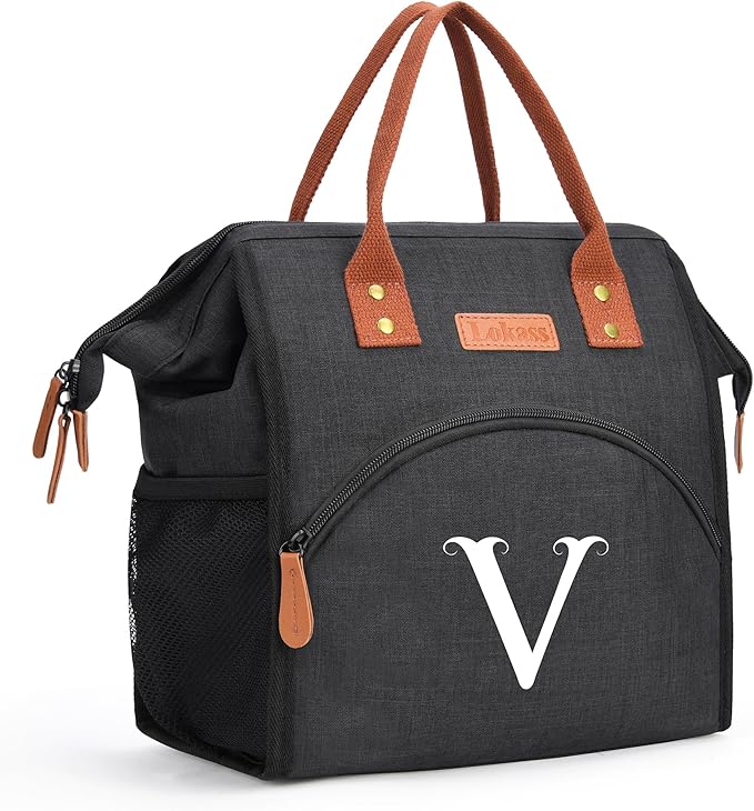 Personalized Lunch Box for Women, Initial Reusable Insulated Lunch Bag, Wide-Open Adult Lunchbox Cooler Lunchbag Snack Organizer, Initial Leakproof Lunch Tote Bag for Picnic Work Outdoors Black - V