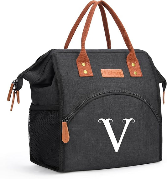 Personalized Lunch Box for Women, Initial Reusable Insulated Lunch Bag, Wide-Open Adult Lunchbox Cooler Lunchbag Snack Organizer, Initial Leakproof Lunch Tote Bag for Picnic Work Outdoors Black - V