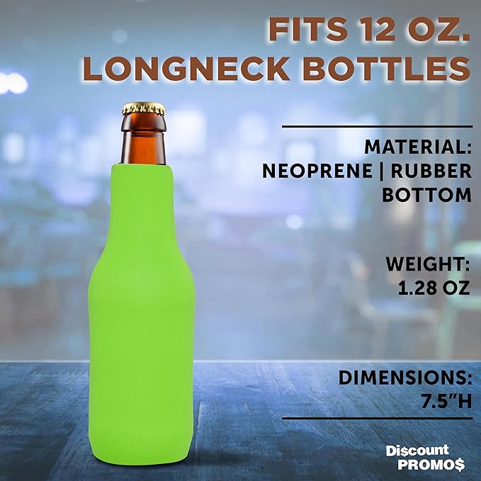 10 Neoprene Zippered Beer Bottle Coolies Pack - Sharkskin Rubber Bottom - Lime Green