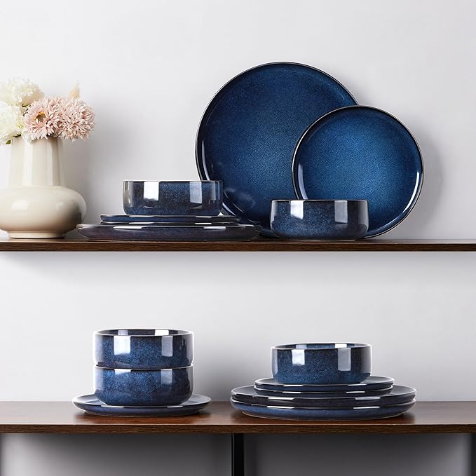 E-far 18-Piece Plates and Bowls Set, Dinnerware Sets for 6, Reactive Glaze Stoneware Dishes Dinning Ware, Microwave & Dishwasher Safe - Deep Sea Blue