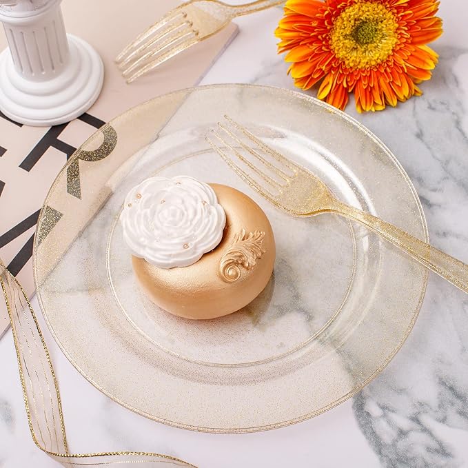 WELLIFE 150-Piece Gold Glitter Disposable Party Tableware Set for 50 Guests-Includes 50 Dessert Plates,50 Plastic Forks & 50 Cups-Elegant Plastic Plates for Wedding,Birthday,Anniversary(Gold Glitter)