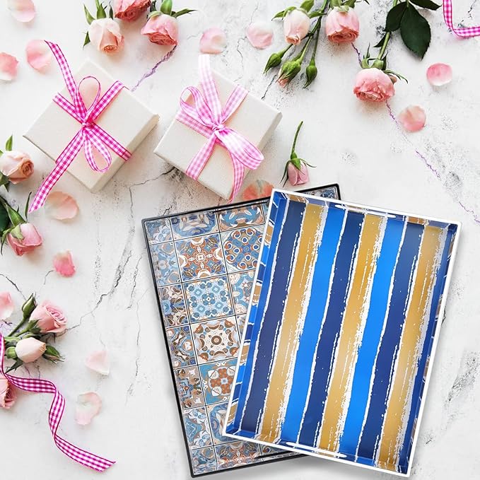 Spsyrine Serving Tray with Handles, Plastic Decorative Tray for Coffee Table, Living Room, Home Decor,Boho