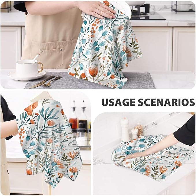 Blue Orange Flowers Kitchen Towels Decorative Set of 2, Watercolor Floral Hand Towels for Kitchen Baking Cooking, Soft Absorbent Vintage Floral Dish Clothes for Drying Dishes Holiday Decoration