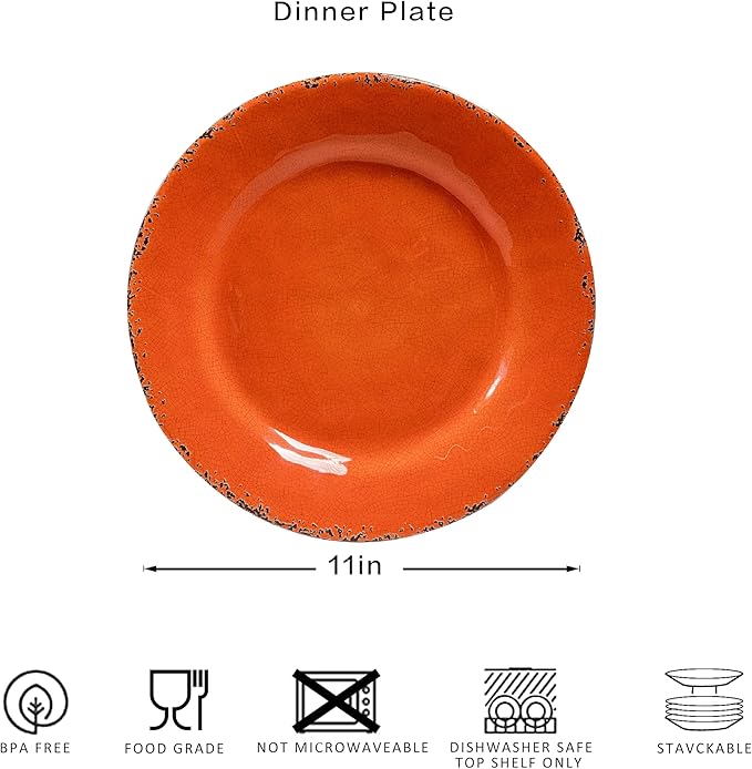 11" Melamine Dinner Plates, 6-piece dining Plate Set Unbreakable Dinnerware Plates for Indoor and Outdoor, Unbreakable Dishes Set of 6, Lightweight RV plates, Orange…