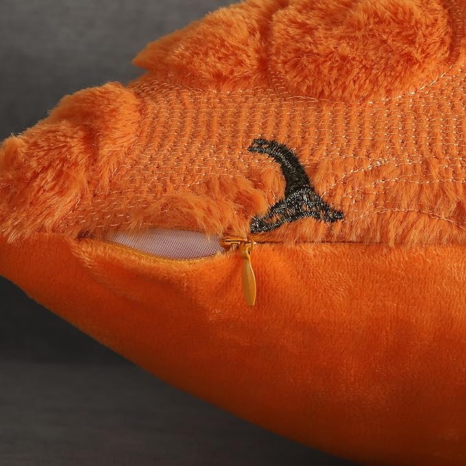 4TH Emotion Fall Pumpkins Decorative Lumbar Pillow Covers 12x20 Set of 2, Orange Soft Plush Faux Fur Wool Farmhouse Throw Cushion Cases for Autumn Thanksgiving Holiday Home Decorations