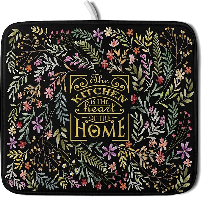 Absorbent Dish Drying Mat Colorful Flowers Microfiber Pad for Kitchen Counter Coffee Bar Decor 16" X 18"