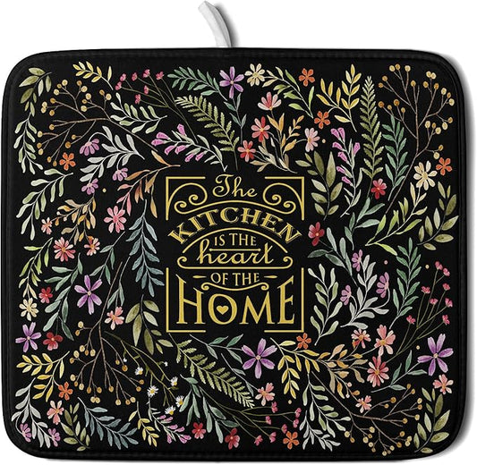 Absorbent Dish Drying Mat Colorful Flowers Microfiber Pad for Kitchen Counter Coffee Bar Decor 16" X 18"