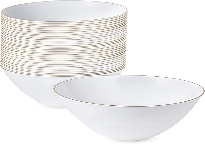 PLASTICPRO [16 OZ 20 Count] White Plastic Floral Design Party Soup bowls With Gold Rim Premium heavyweight Elegant Disposable Tableware Dishes