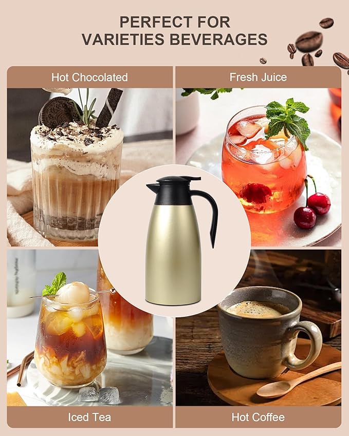 70 OZ Updated Thermal Coffee Carafe for keeping hot, 2 PCS Carafe for hot liquid, Insulated Stainless Steel Vacuum Thermal Pot for Coffee, Hot Water,Keep Hot 12 Hours (Gold+Gold)