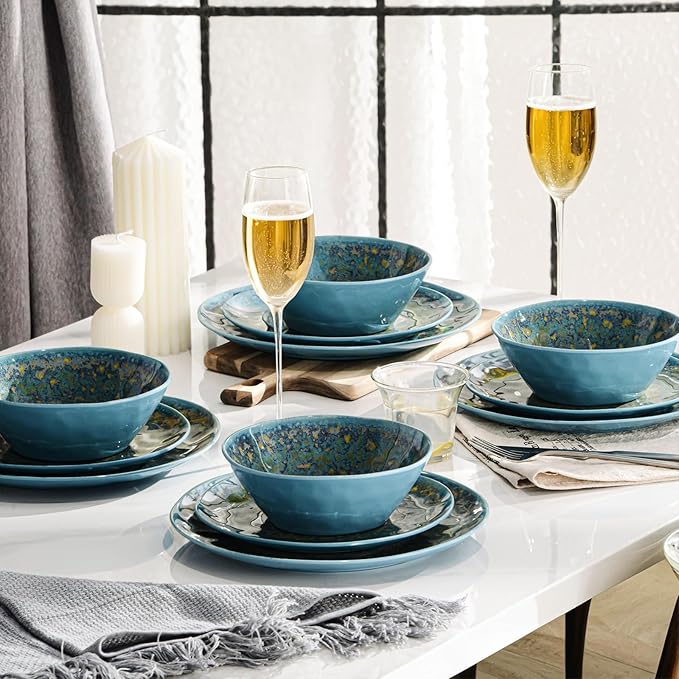FINE&NICE Melamine Dinnerware Set of 12Pcs, Dish Set for 4, Lightweight Unbreakable Plates and Bowls Set, Great for RVs Camping, Dishwasher Safe,Rusty Blue