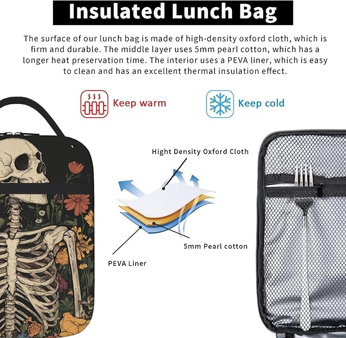 SUPLUCHOM Lunch Bag Skeleton Flower Skull Vintage Insulated Box Reusable with Side Pocket for Girl Boy Women Men Work School Picnic Hiking Daytrip Over 3 Years Old