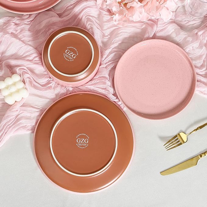 GZG Modern Art Series - 6 Pcs Speckled Stoneware Plates and Bowls Sets, Ceramic Dinnerware Set with Rustic Terracotta Underside, Microwave and Dishwasher Safe Handcrafted Dishes Set - Blush Pink