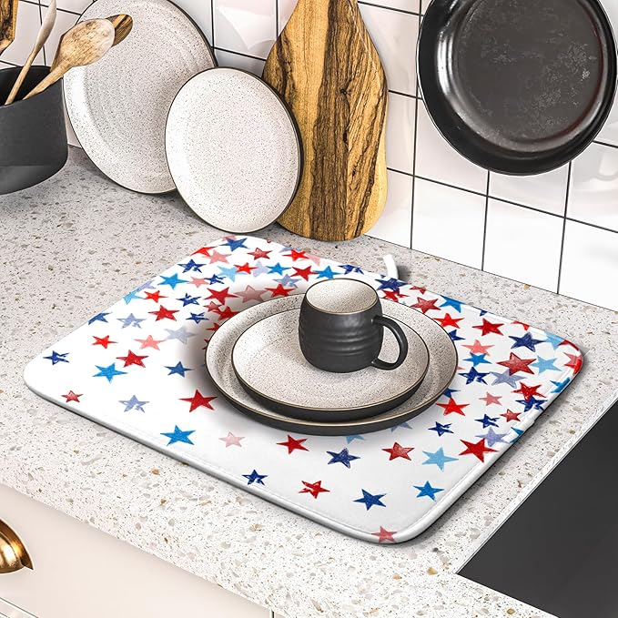 4th of July Dish Drying Mat for Kitchen Counter Patriotic Holiday Microfiber Absorbent Dish Draining Reusable Washable Foldable 16"x18"